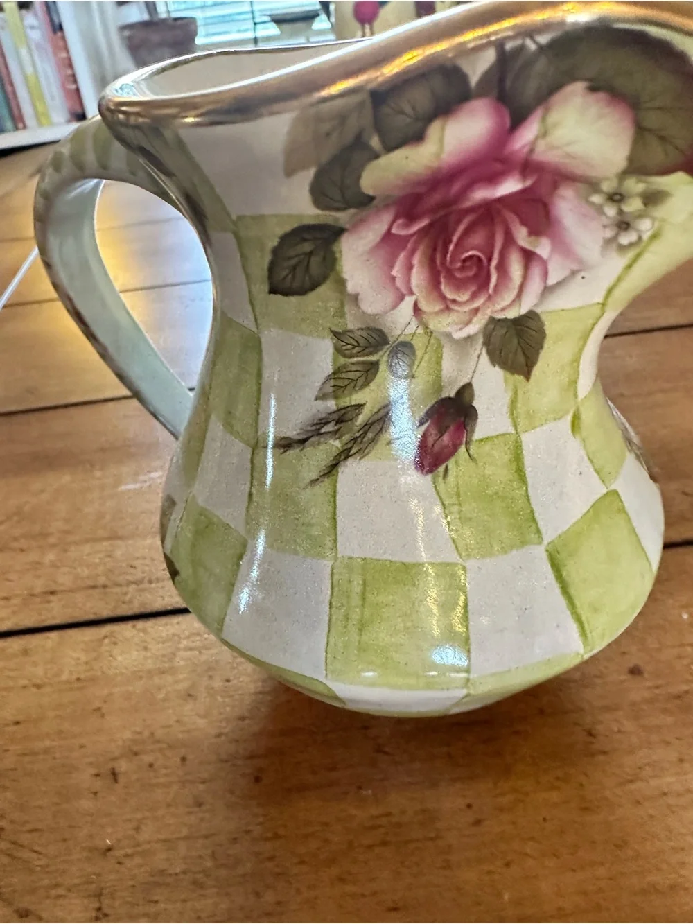 Mackenzie Childs Sweet Pea honeymoon green Ceramic Pitcher 5” retired Excellent
